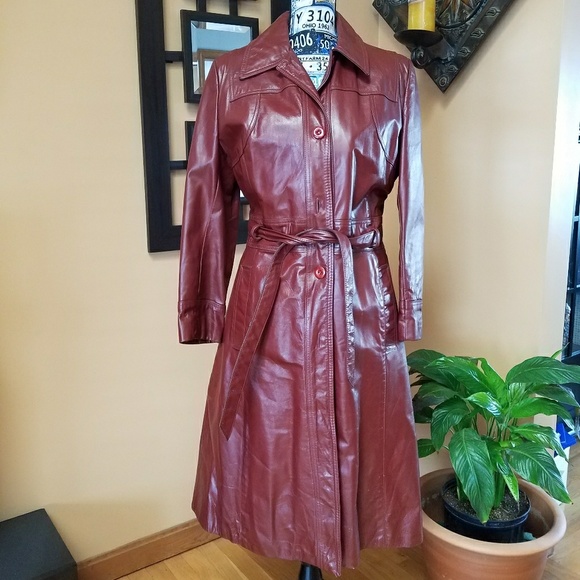 pierre andre Jackets & Blazers - (SOLD) VINTAGE RED LEATHER TRENCH COAT WITH BELT!